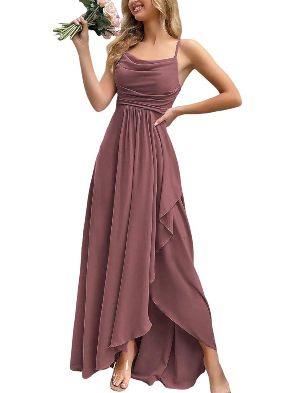 Women's Coral Pink Cowl Neck Spaghetti Strap Cocktail Bodycon Maxi Dress